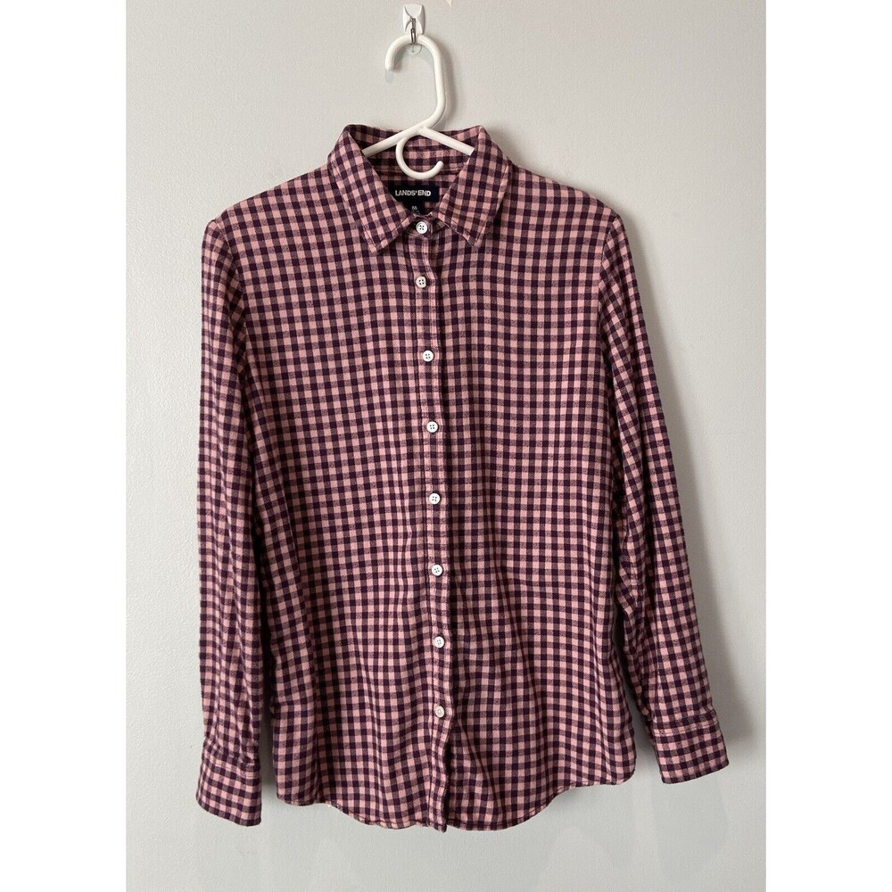 Women's Lands End Pink & Maroon Plaid Flannel Button Up Top. Size Medium.